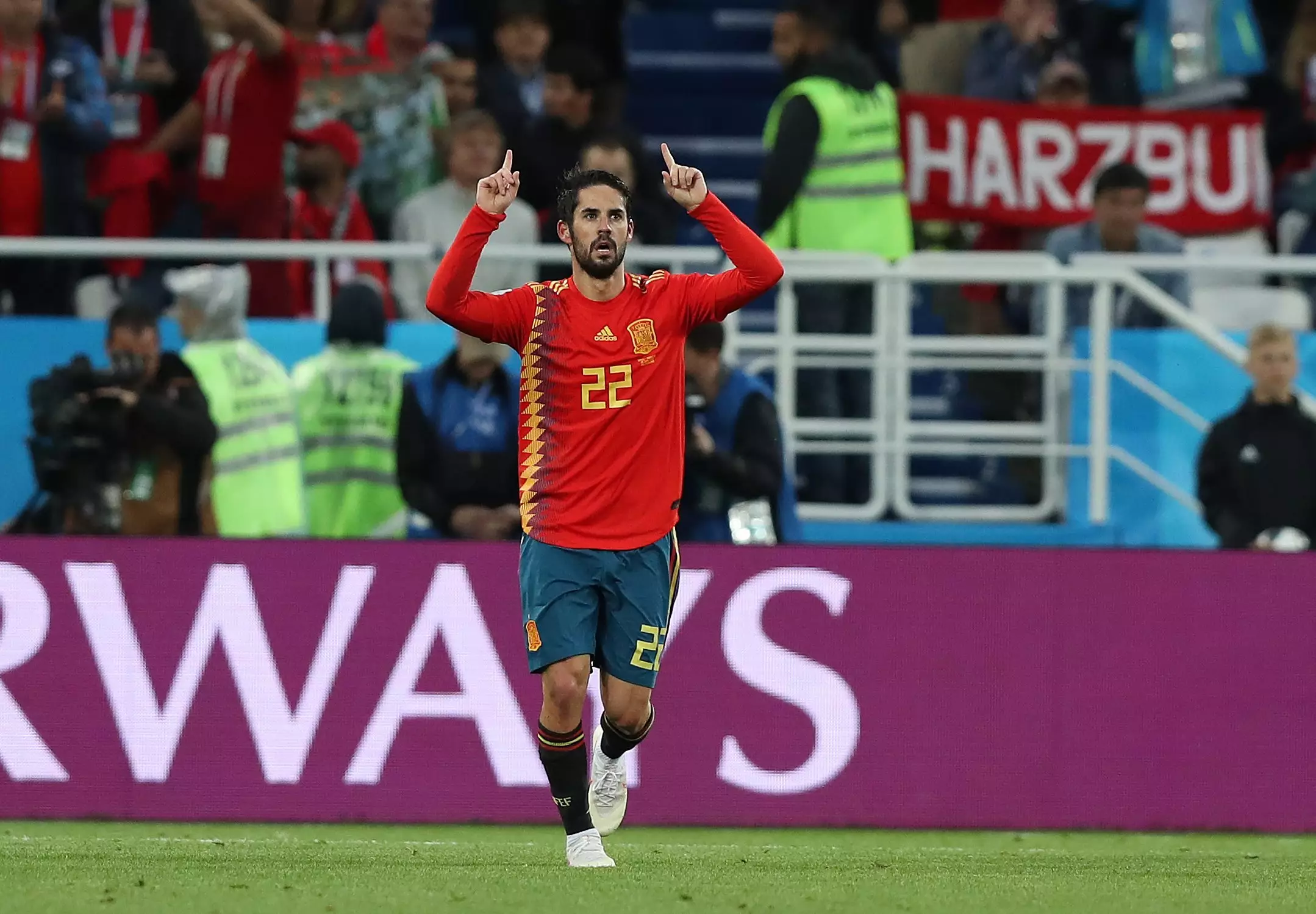 Isco celebrates scoring for Spain. Image: PA