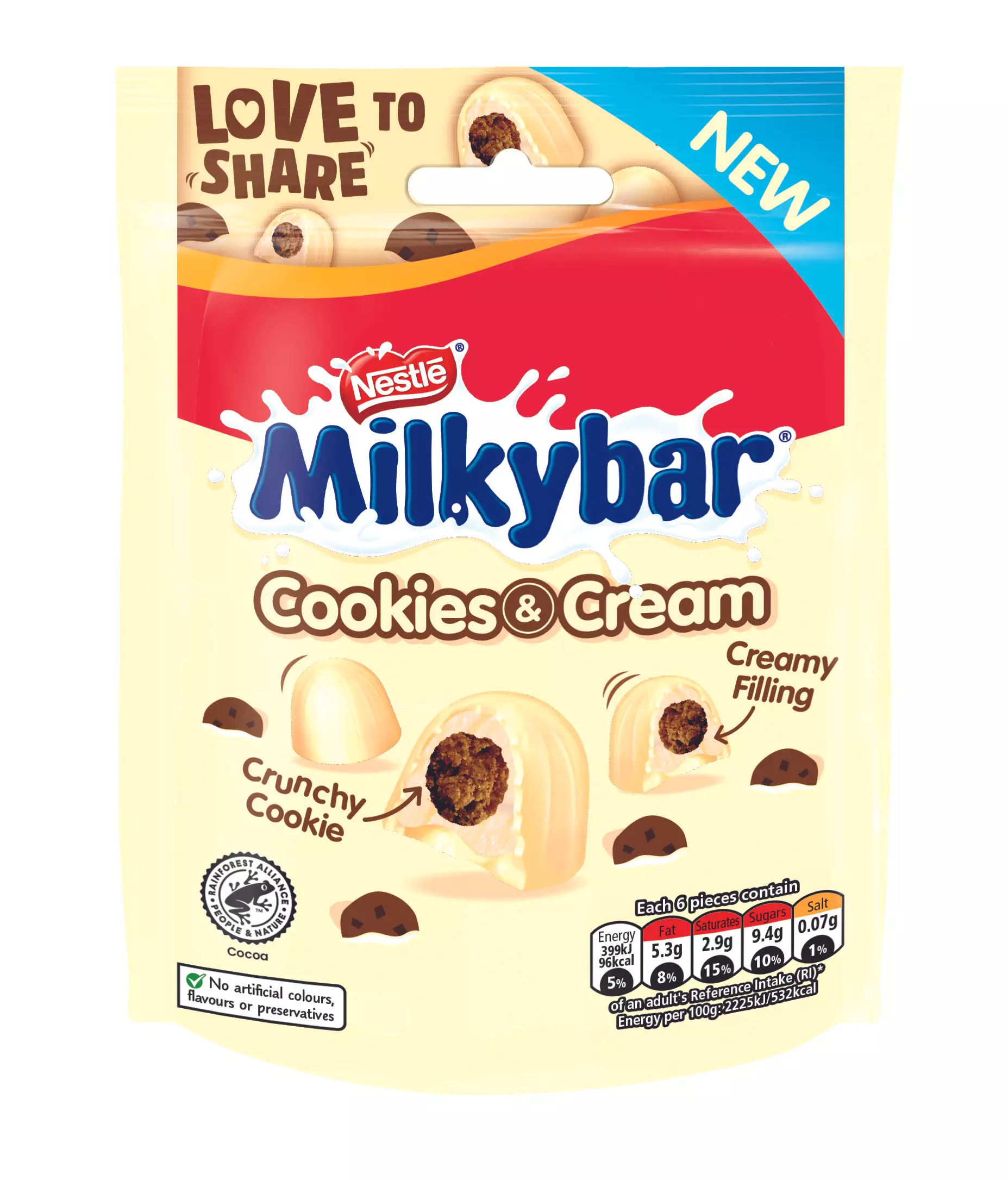 You can now get a bag of Milkybar Cookies and Cream (