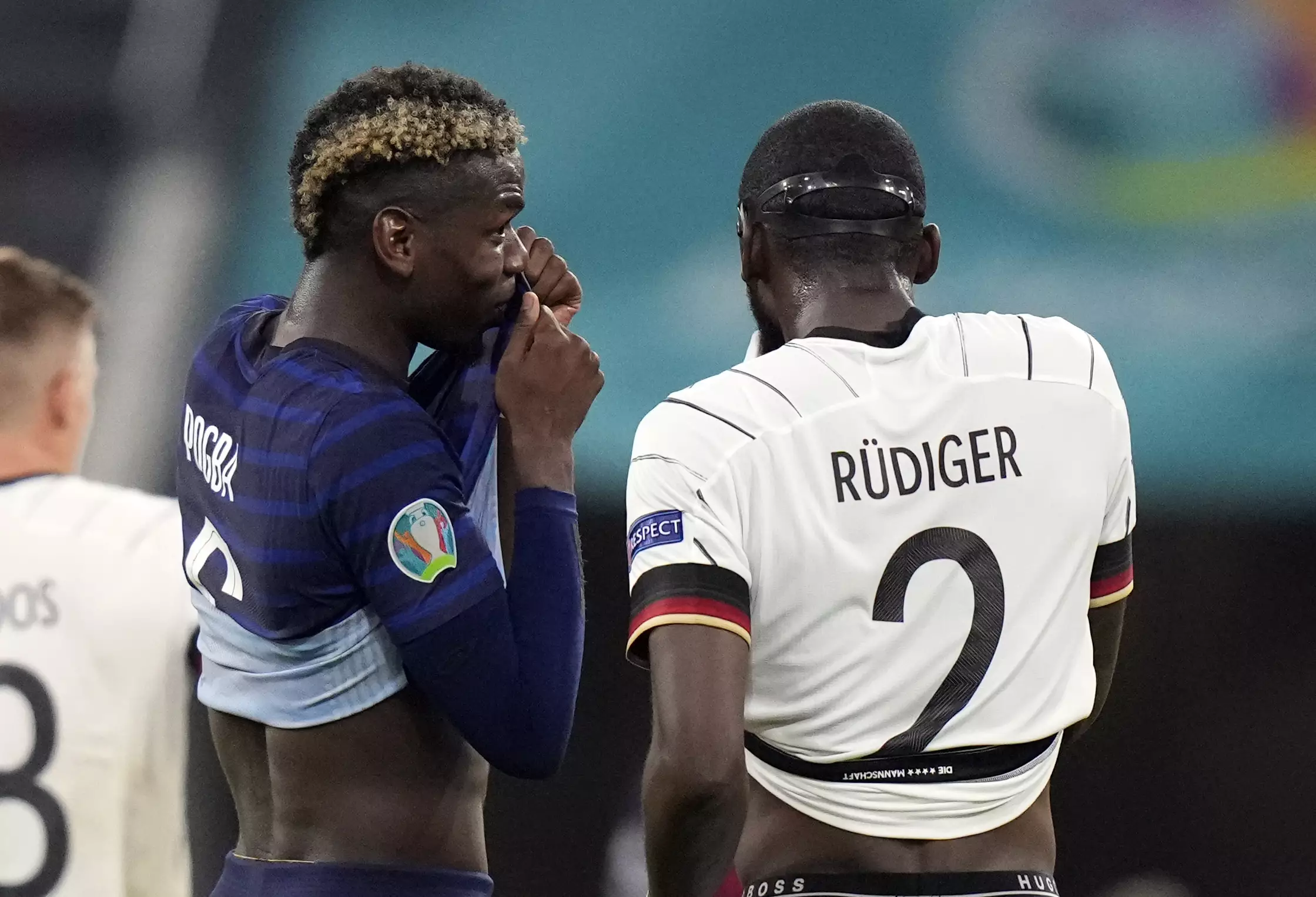 Pogba and Rudiger were clearly on speaking terms at full time. Image: PA Images