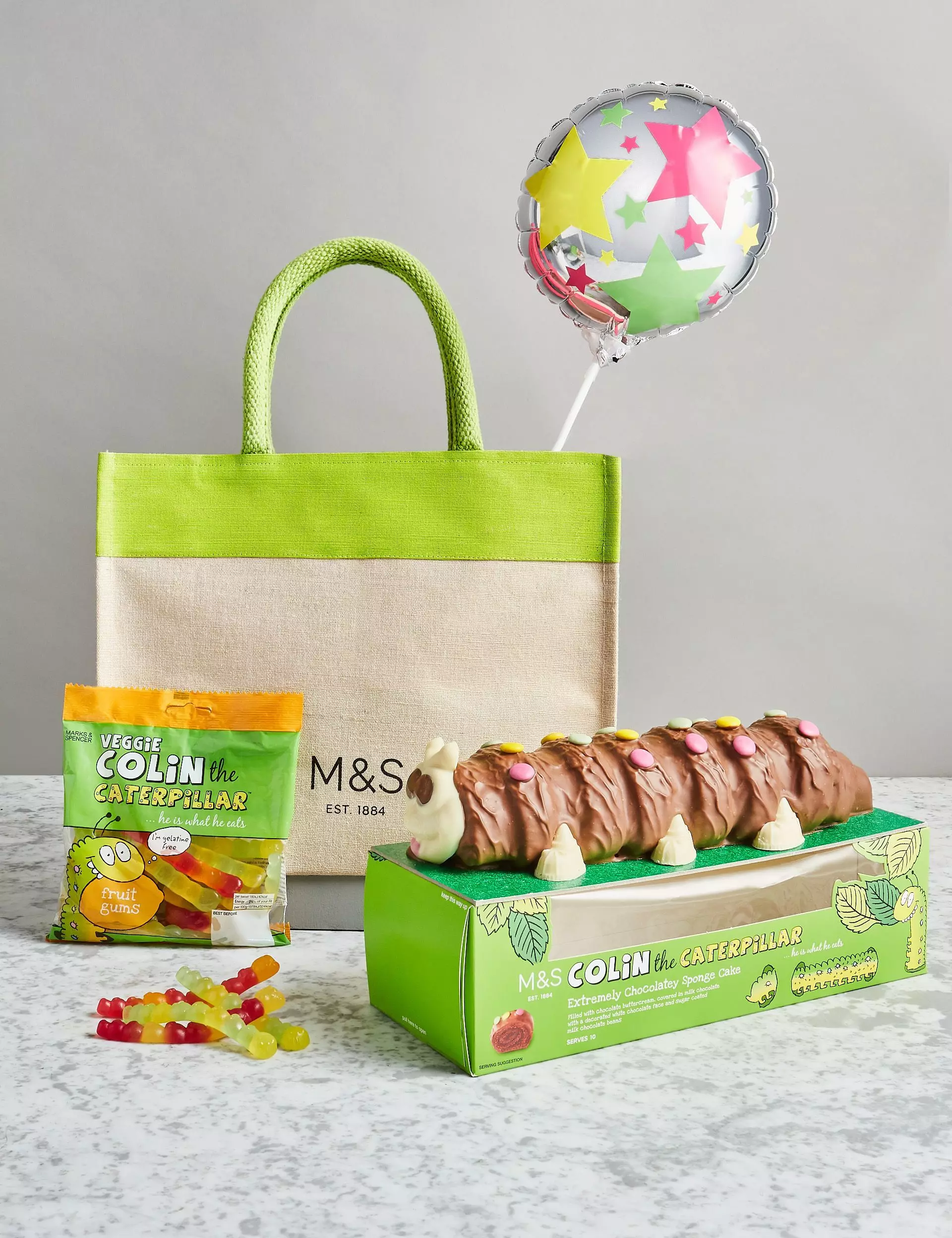 The Colin birthday hamper costs £20 and includes a Colin cake, veggie Colin the Caterpillar sweets and a star-patterned foil balloon (