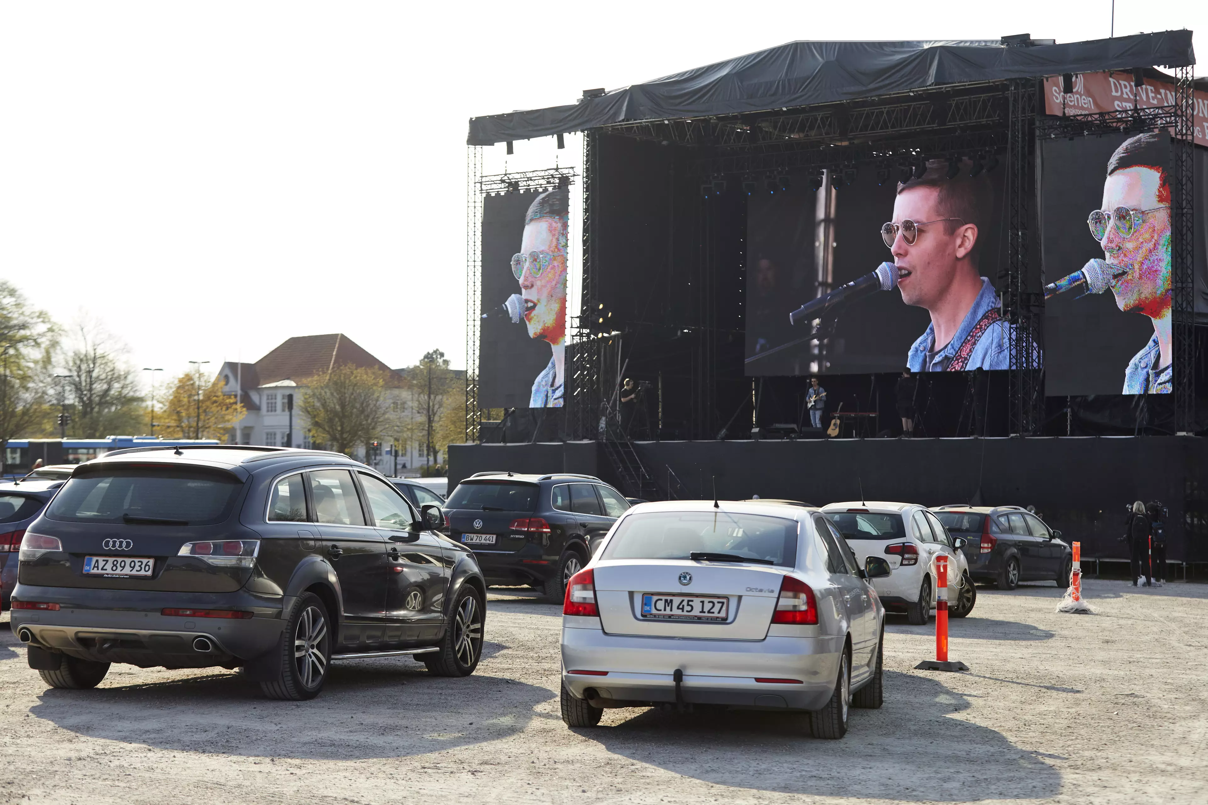Danish singer Mads Langer as he performs at a sold-out drive-in concert in Aarhus.