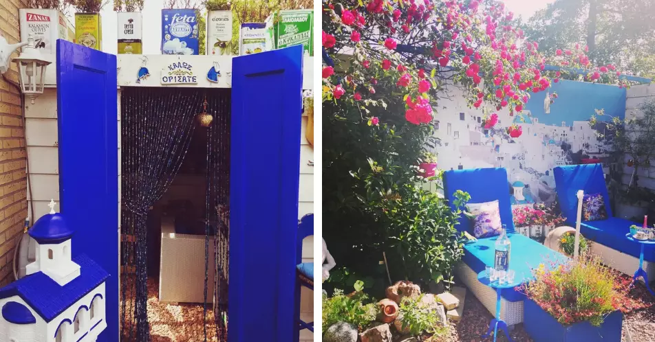 We love this blue-painted oasis complete with old olive oil cans used as plant pots - genius! (