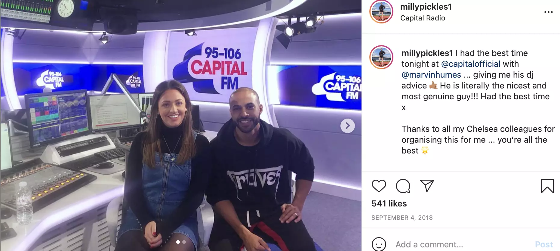 Milly Pickles in the Capital FM studio with Marvin Humes (