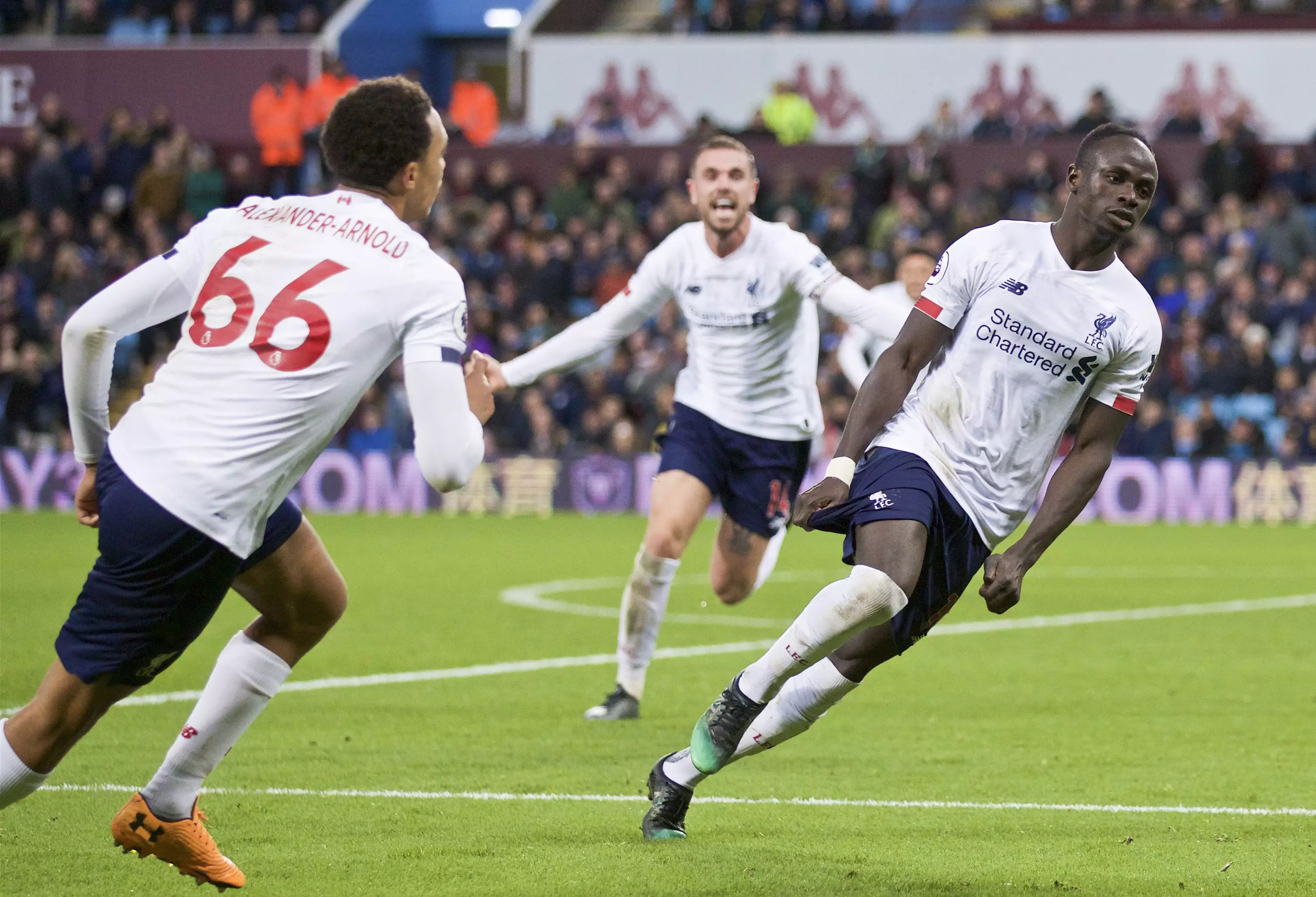 Sadio Mane celebrates Liverpool's last minute winner against Aston Villa. (Image