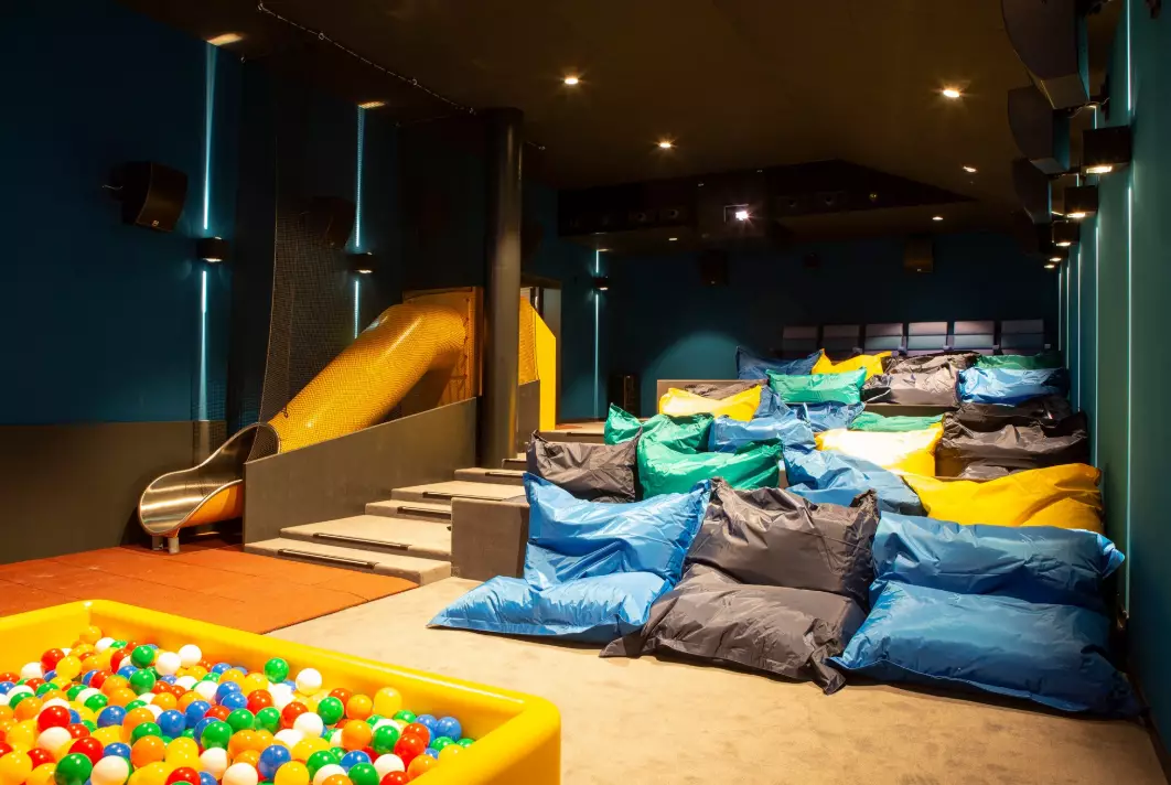 There's also a kids' room with bean bags and a ball pit.