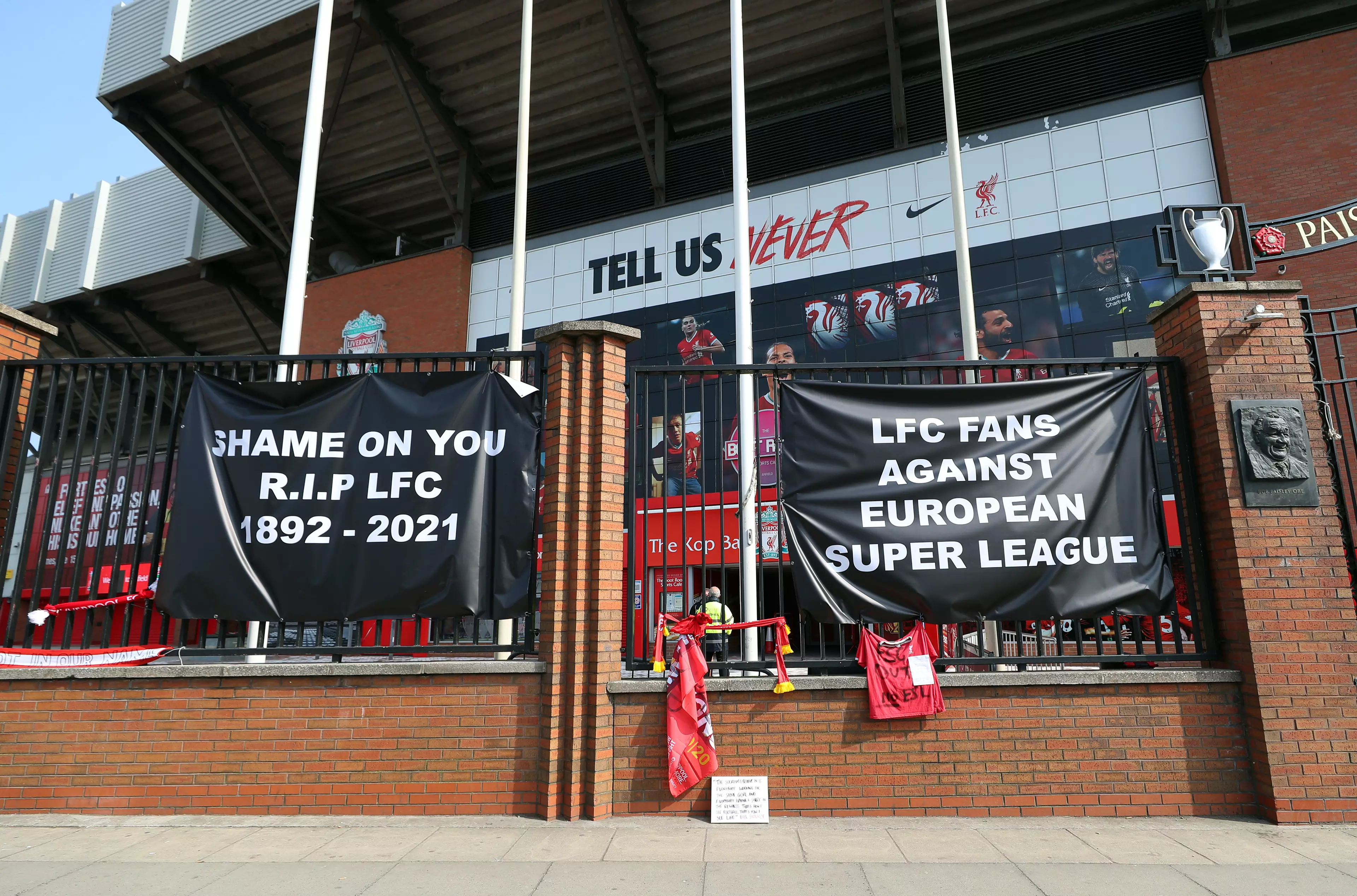 Banners were also erected outside Liverpool's Anfield stadium.