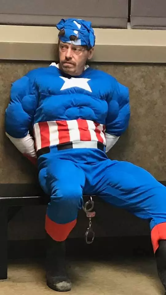 David Hobbs in full Captain America costume.