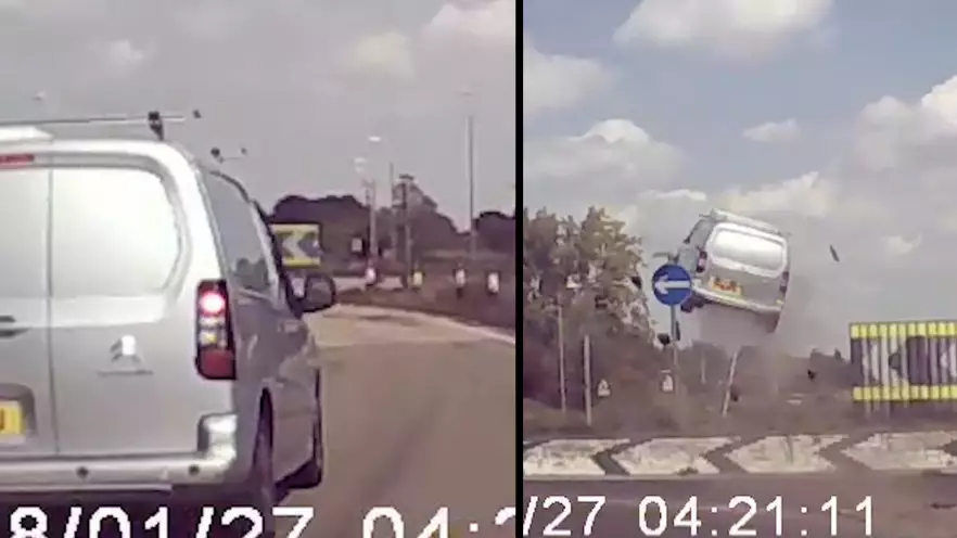 Terrifying Dashcam Footage Shows Van Launch 12ft Into Air After Hitting Roundabout