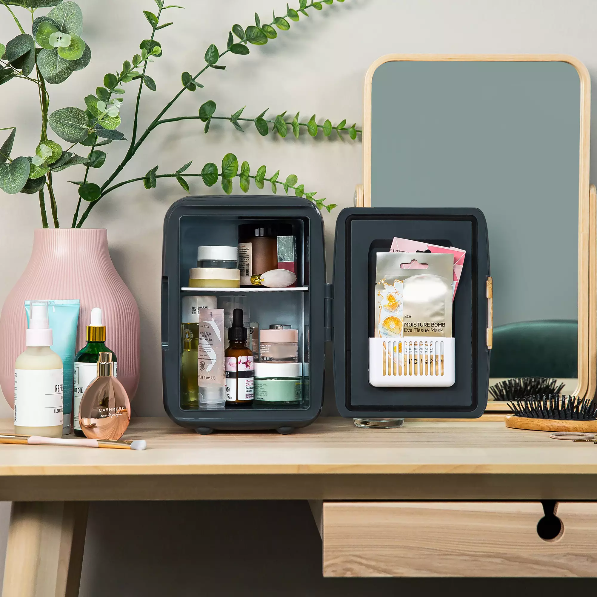 The mini-fridge is perfect for storing your make-up (