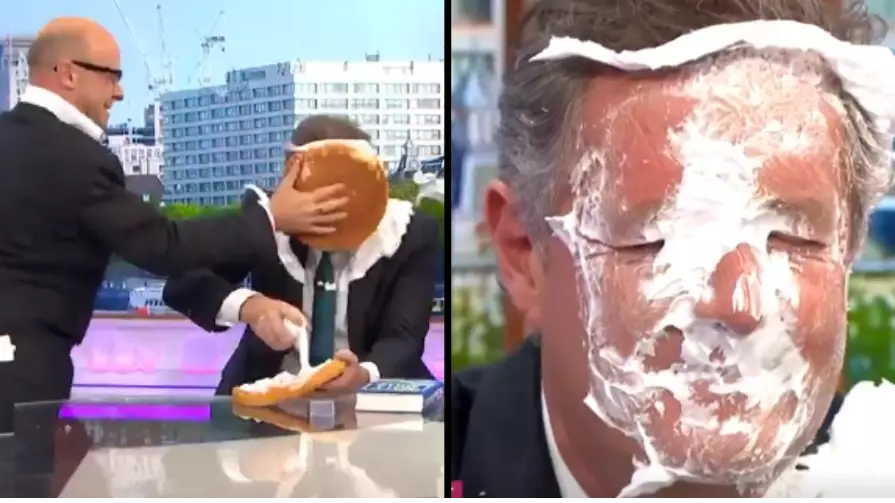 Piers Morgan Has Pie Thrown In His Face By Harry Hill On Behalf Of 'Dads Who Wear Papooses'