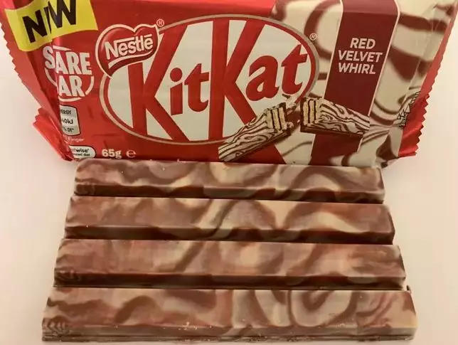 Red Velvet KitKats have cream cheese swirls on top of the chocolate coating (