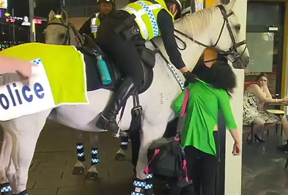 After the woman hit the horse, the officer riding it grabbed her.