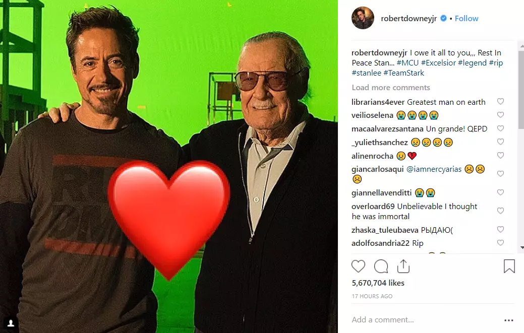 Robert Downey Jr paid a touching tribute to Stan Lee on Instagram.