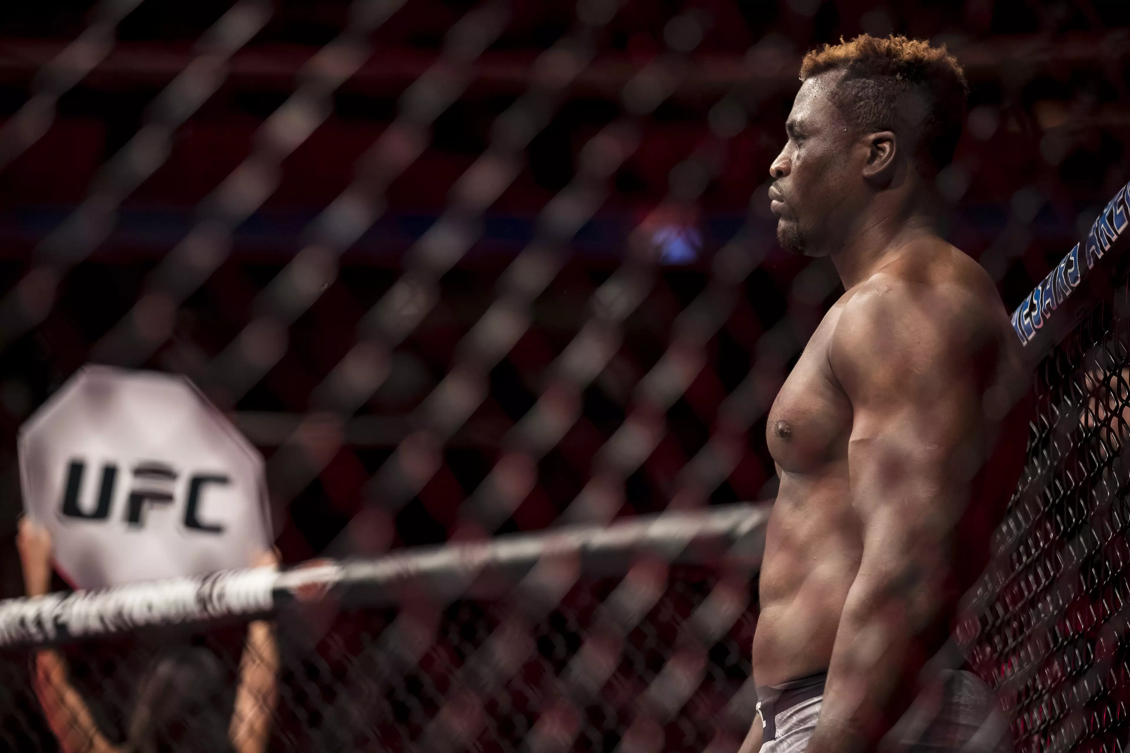 Ngannou looks on before his fight with Overeem. Image: PA Images.