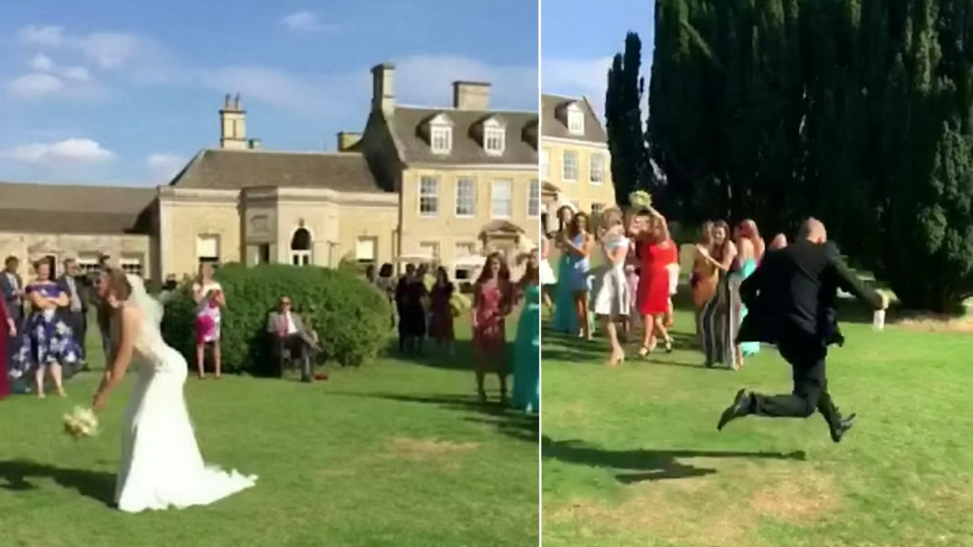 Man Runs Away After His Girlfriend Catches The Bride's Bouquet