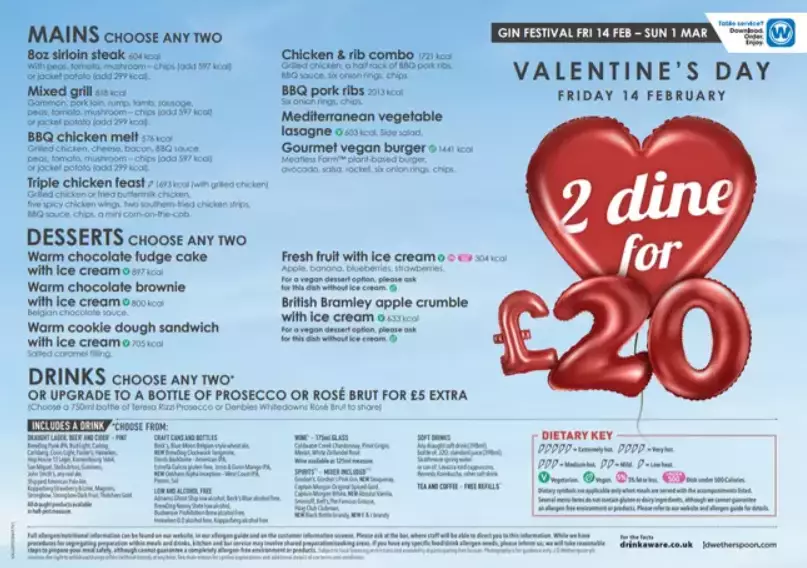 The JD Wetherspoon Valentine's Day menu.