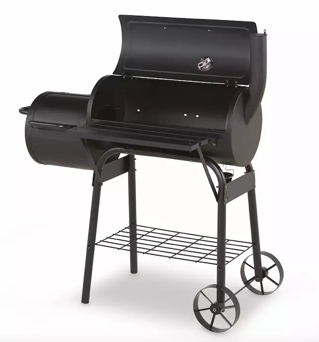 It features a traditional grill and a side chamber (