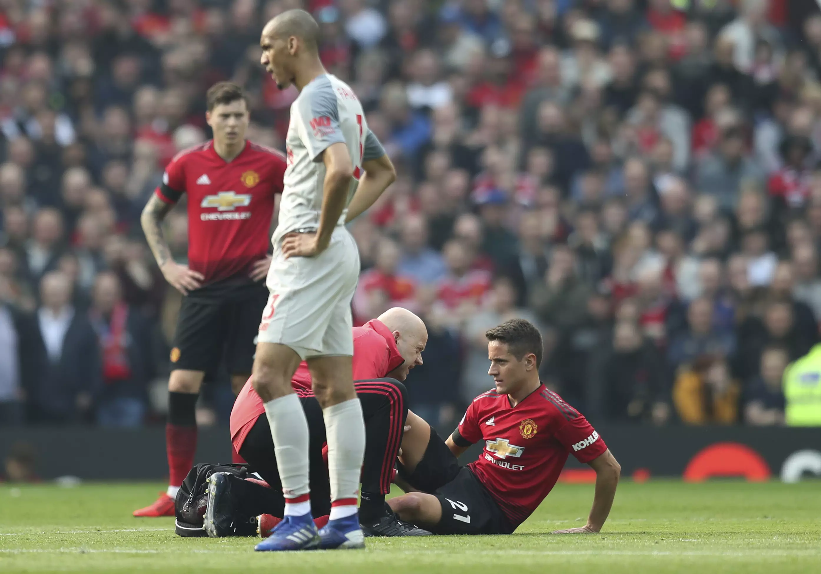 Lingard (above) gets treatment and Herrera makes the physio the busiest man in Old Trafford. Image: PA Images