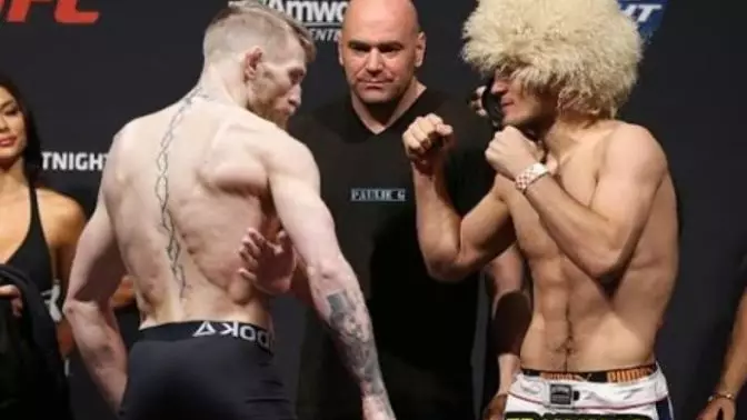 Khabib and McGregor go face-to-face at the weigh in. Image: UFC