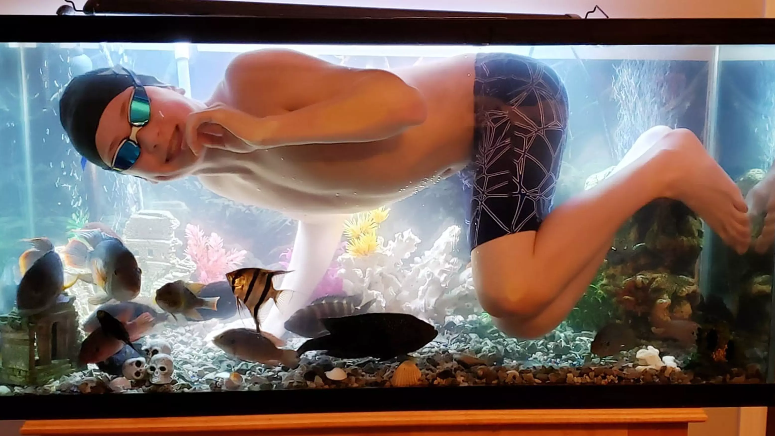 Teen Who 'Misses Swimming' During Pool's Coronavirus Closure Takes Dip In Dad's Fish Tank