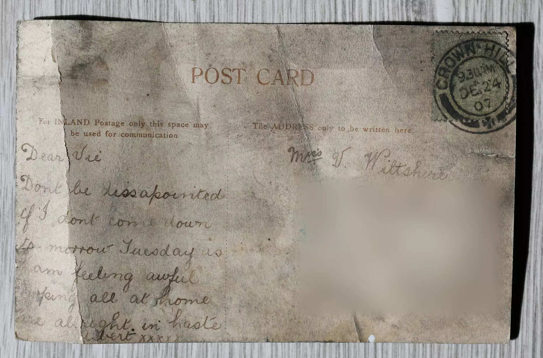The postcard was addressed to a 'Miss Wiltshire'.