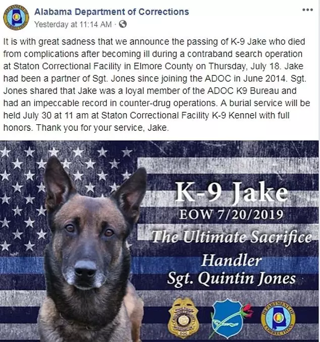 The Alabama police paid tribute to Jake on Facebook.