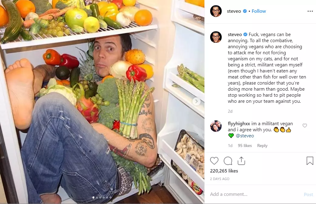 The ex-Jackass prankster has landed in hot water with vegans after his controversial post.