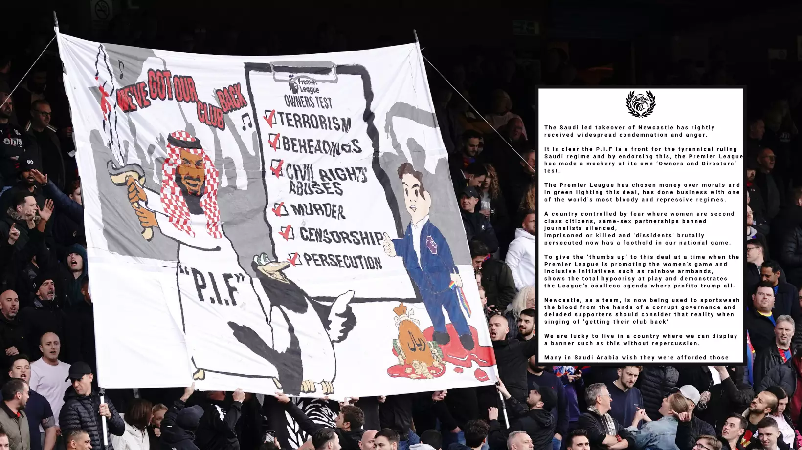 Crystal Palace Unveil Scathing Banner Against Newcastle's Takeover, Release Strongly-Worded Statement 