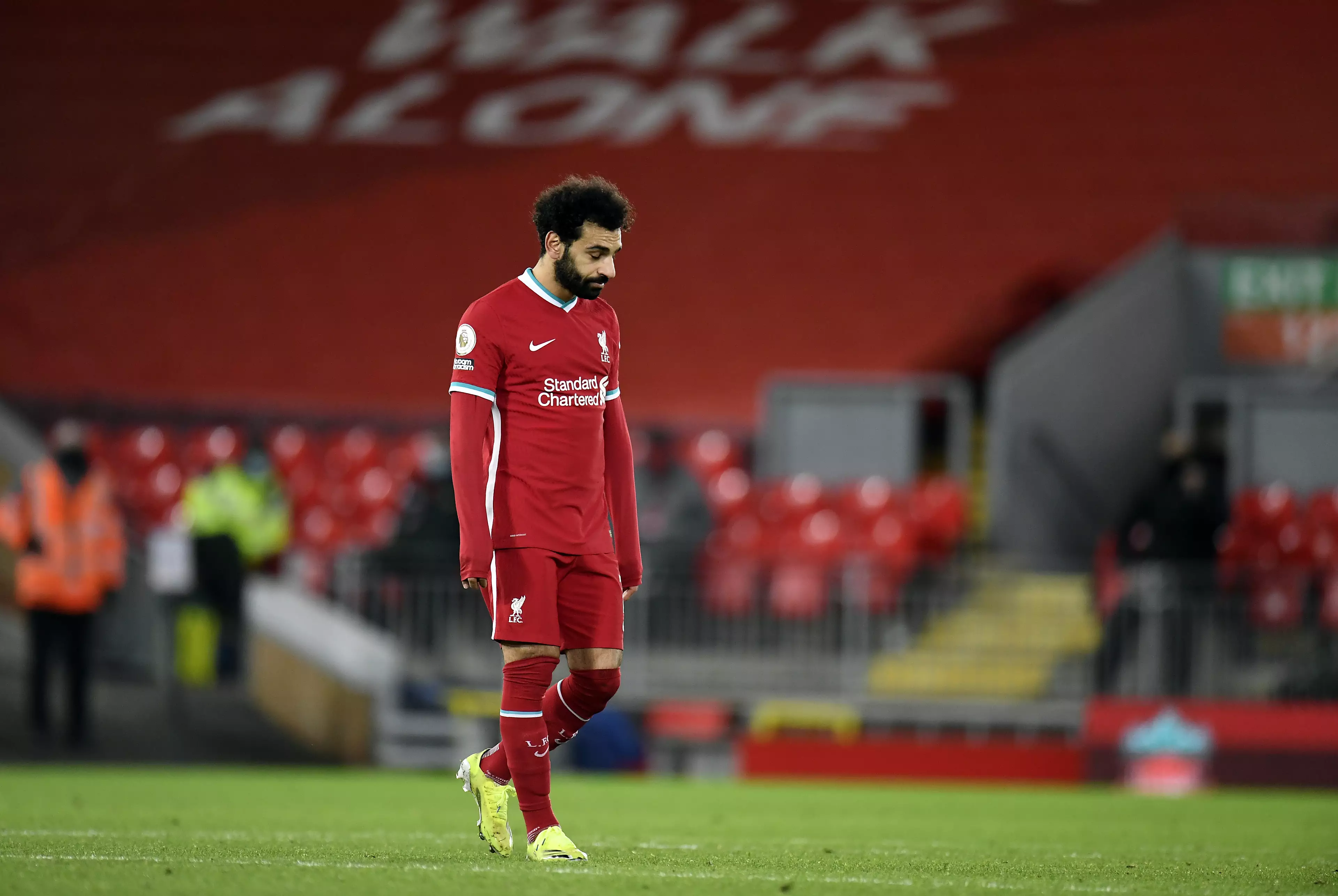 Mohamed Salah sums up the mood at Anfield. Image: PA Images