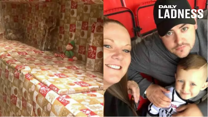 Dad's Elf On The Shelf Prank Sees Him Cover Entire Kitchen In Wrapping Paper