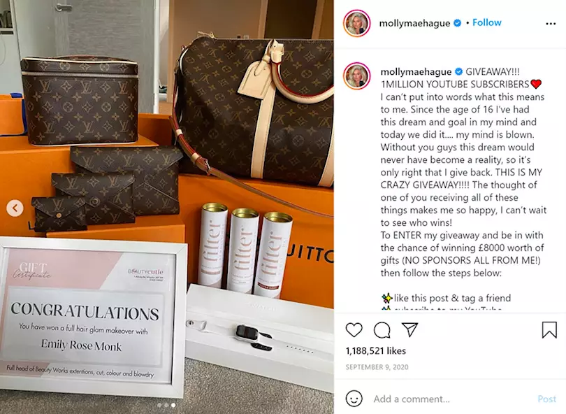 Molly's giveaway was 'liked' more than a million times on Instagram (