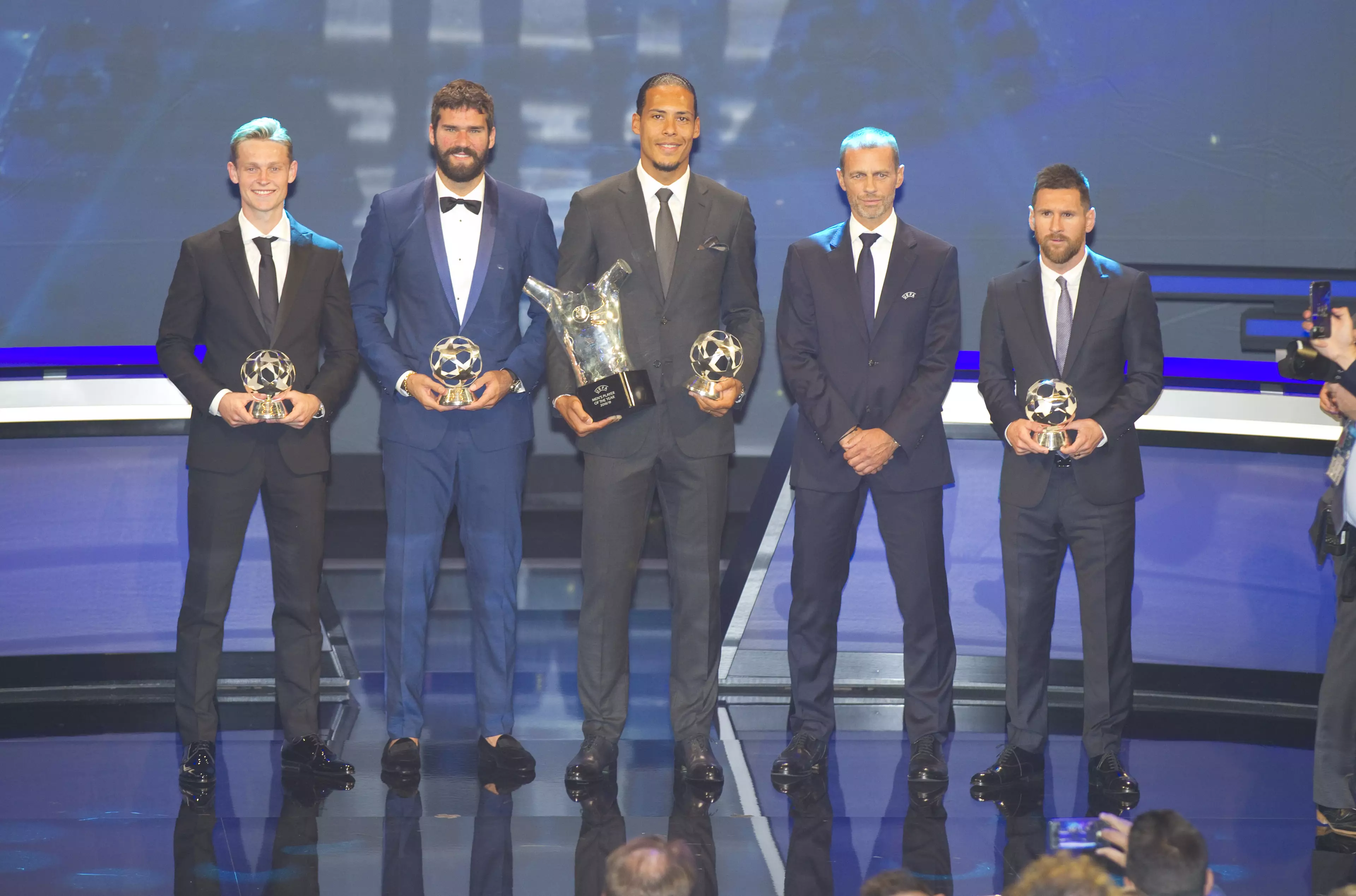 Virgil van Dijk won Player of the Year and Defender of the Year, while team-mate Allison was top goalkeeper, Frenkie De Jong was the best midfielder and Lionel Messi was No 1 forward