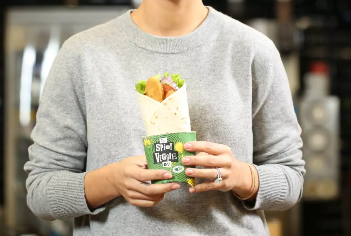 The wrap contains a red pesto goujon, tomato ketchup and shredded lettuce, all tucked up in a soft, toasted tortilla.