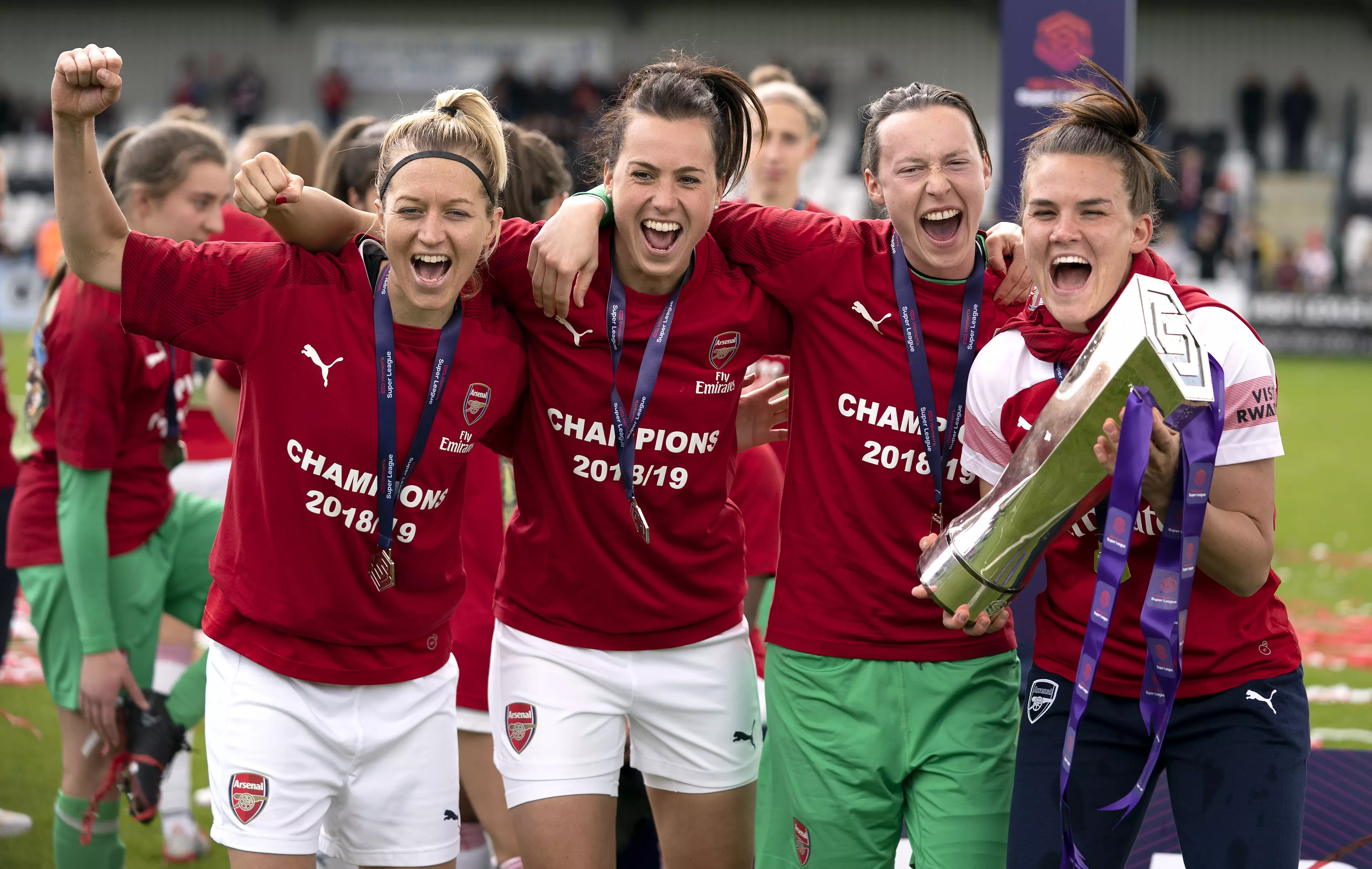 Arsenal Women celebrate with their WSL trophy. Image: PA Images