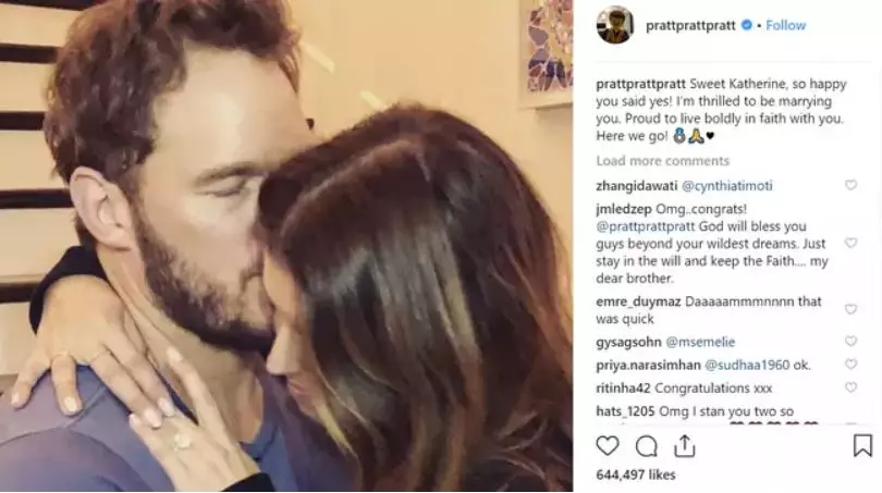 Chris Pratt announced his engagement to Katherine Schwarzenegger's on Instagram.