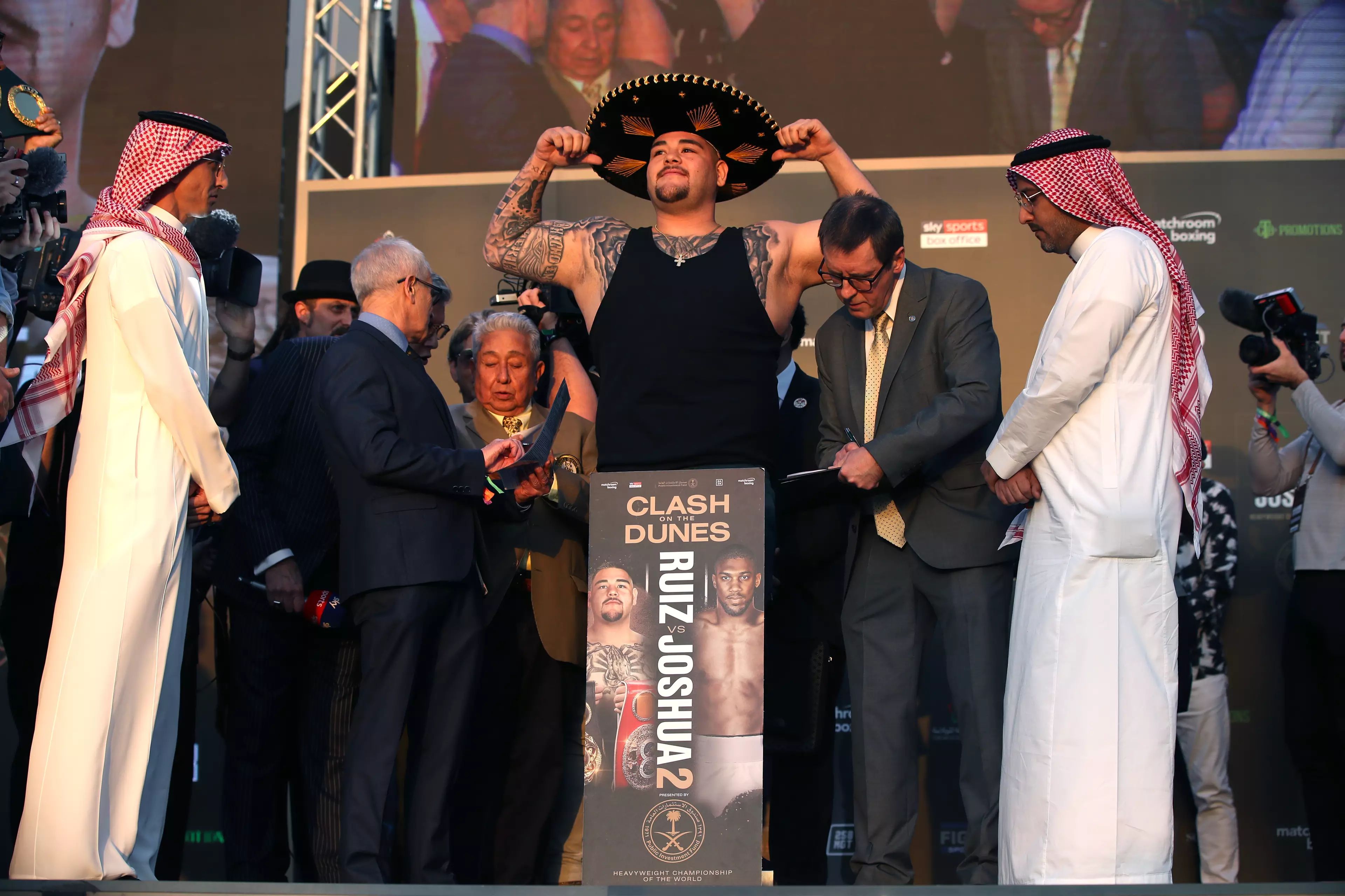 Ruiz wore a sombrero and vest to cover up his weight gain. Image: PA Images