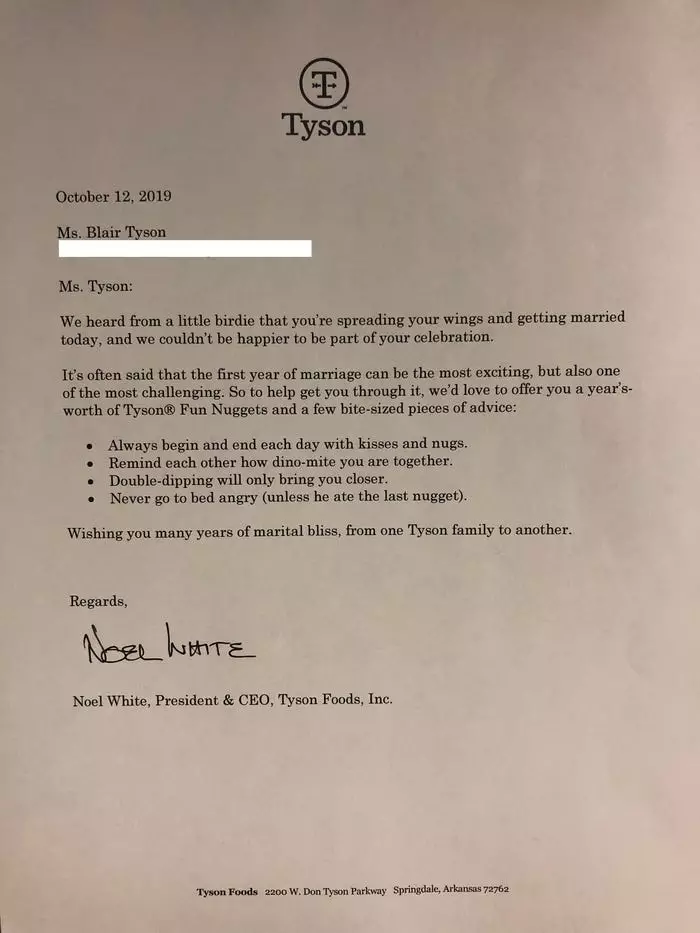 Tyson even sent bride Blair a letter, awarding her a year's worth of Tyson Fun Nuggets. (