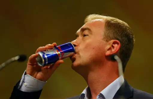 Former Lib Dem leader Tim Farron downing a Red Bull.
