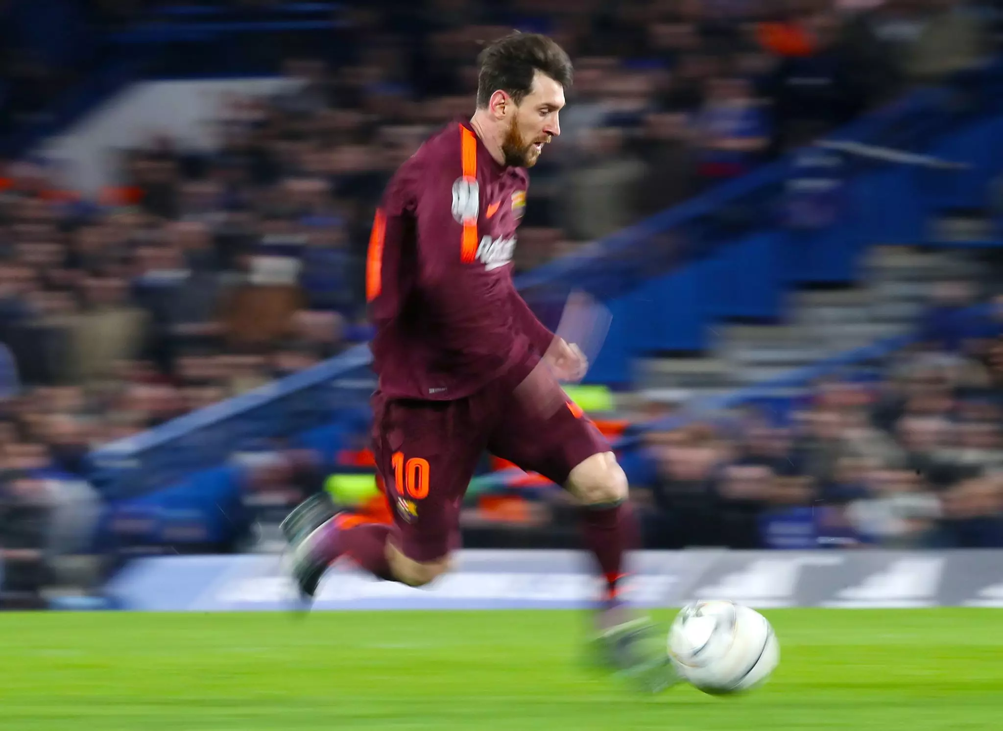 Messi in action at Stamford Bridge. Image: PA
