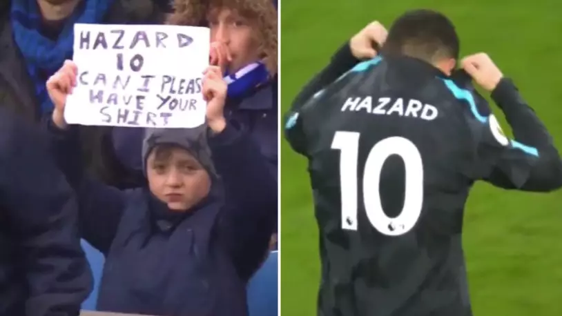 Lad Holds Sign Up Asking For Hazard's Shirt For 90 Minutes, Hazard Responds 