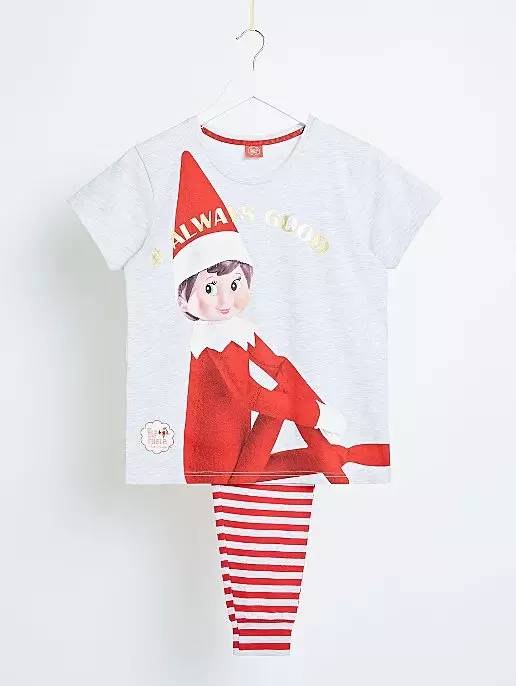 They all feature the same, mischievous Elf on the Shelf design, with a grey, crew neck T-shirt for the adult styles (