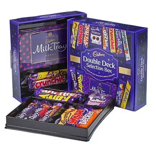 The box is a mix of our favourite Cadbury chocolate bars and a Milk Tray box (
