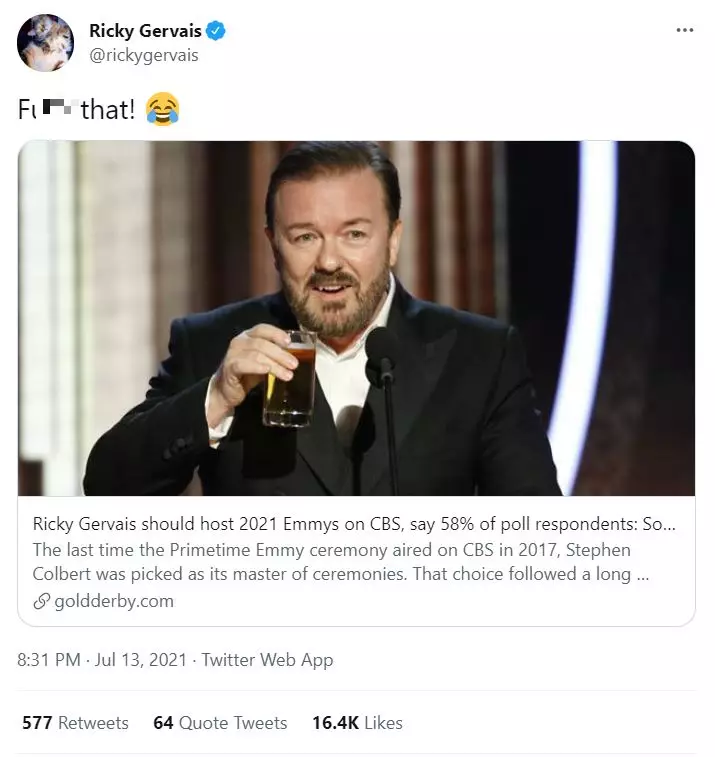 Ricky Gervais' response to the poll.