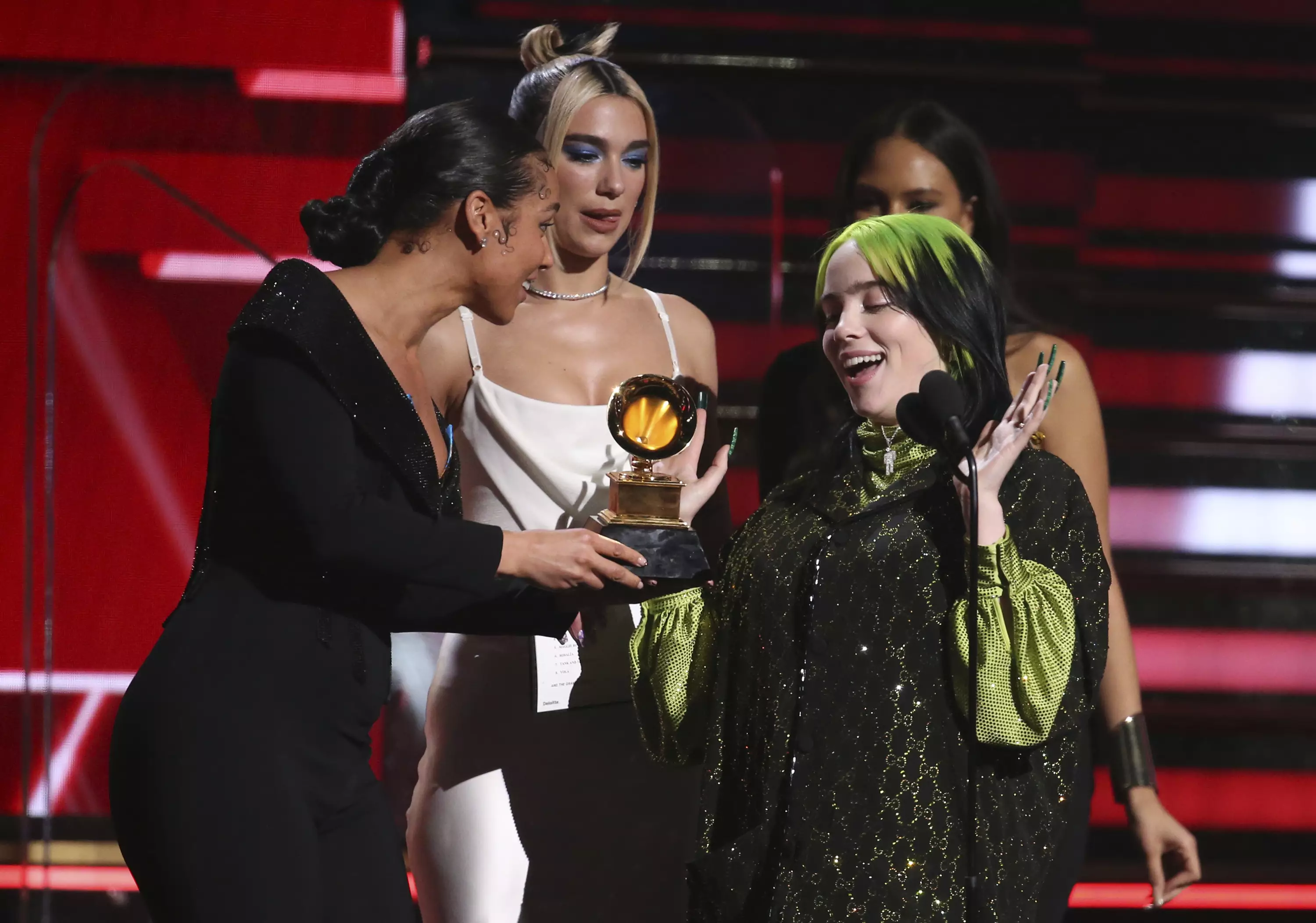 Billie Eilish accepting the Grammy award for Best New Artist.