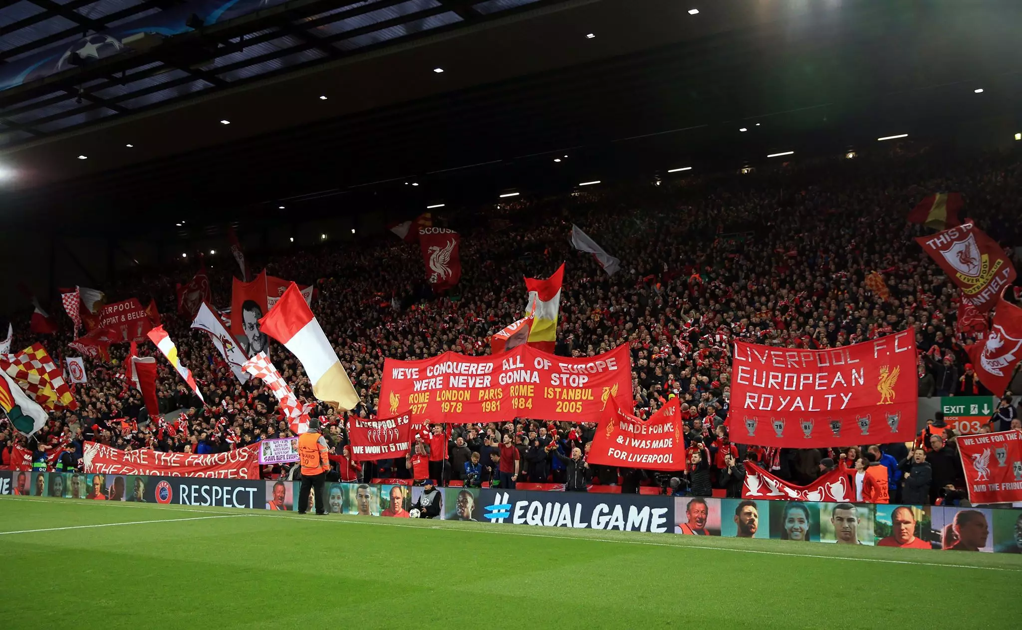 Liverpool fans in the stands for a European night. Image: PA