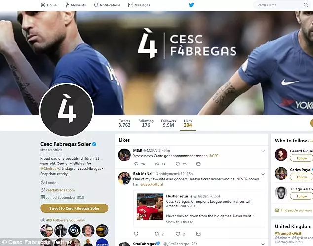 Fabregas' faux pas shows up on his liked tweets list. Image: Daily Mail