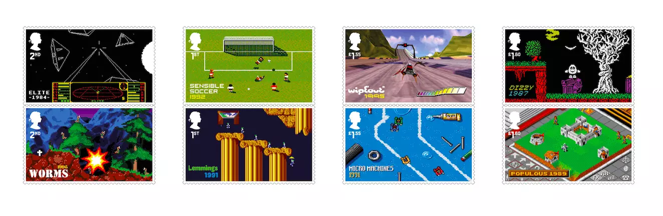 Eight of the gaming stamps available, featuring Elite, Dizzy, Worms and more