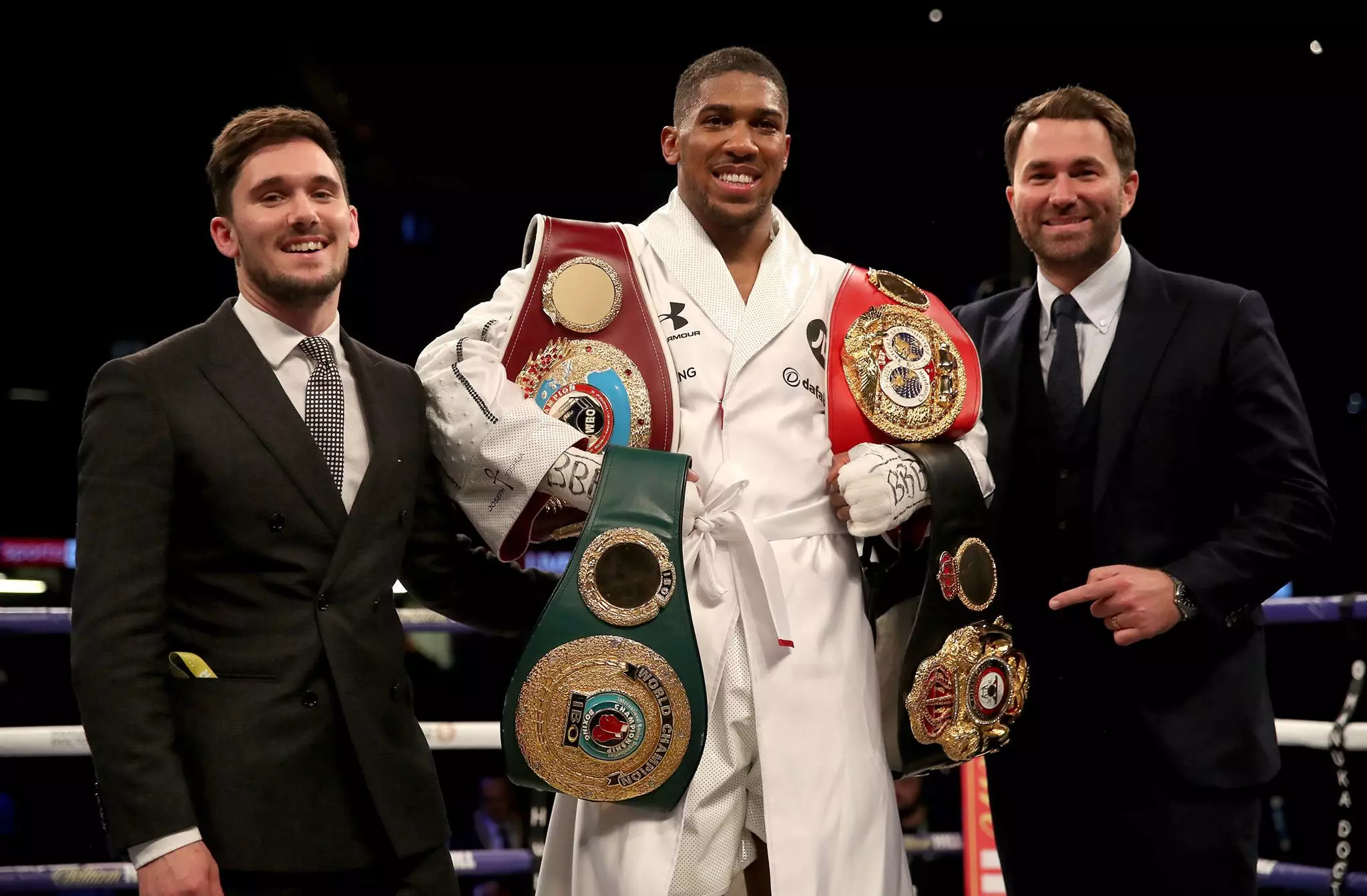 Joshua with Hearn after his fight. Image: PA