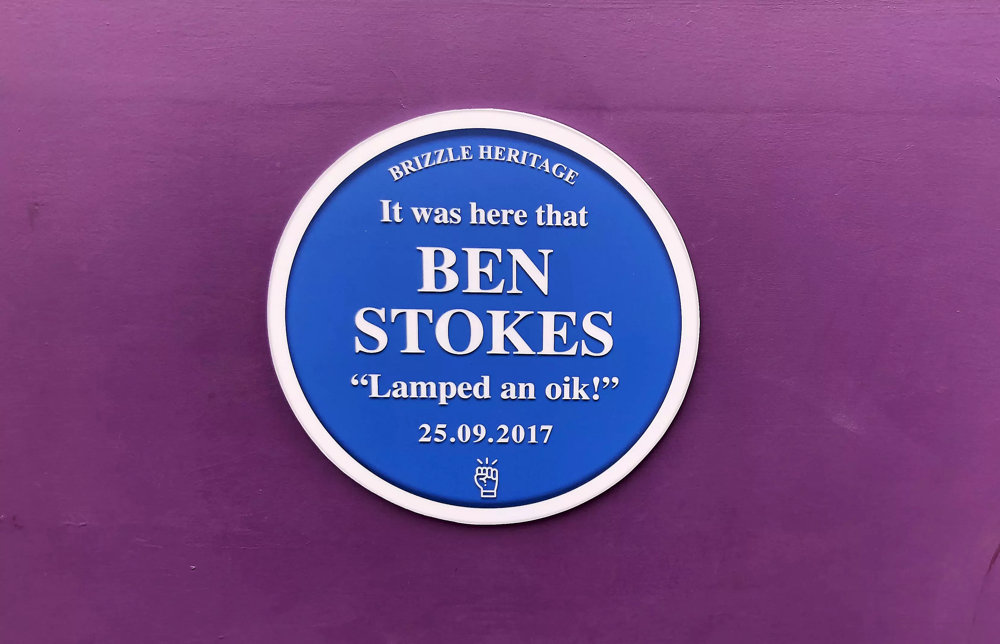 The plaque commemorates Ben Stokes punching a man outside Bristol nightclub Mbargo.
