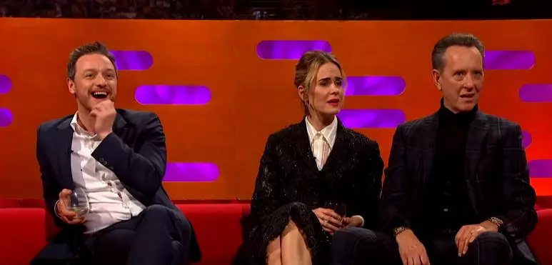 McAvoy was spilling the beans next to a bewildered Sarah Paulson and Richard E. Grant.